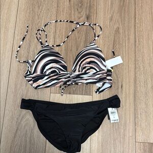 Bar III Black NWT L BOTTOMS & M NWT tan white black strappy top Bikini Set